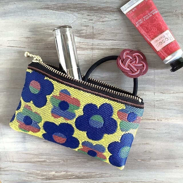 【レトロポップ 花柄】畳縁 ぺたんこ ミニポーチ 小銭入れ カードケース 黄色