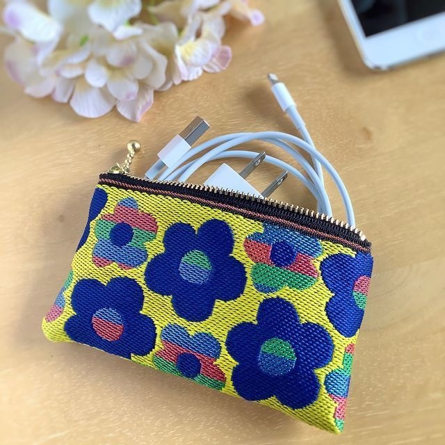 【レトロポップ 花柄】畳縁 ぺたんこ ミニポーチ 小銭入れ カードケース 黄色