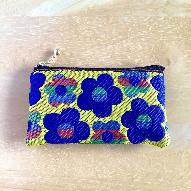【レトロポップ 花柄】畳縁 ぺたんこ ミニポーチ 小銭入れ カードケース 黄色