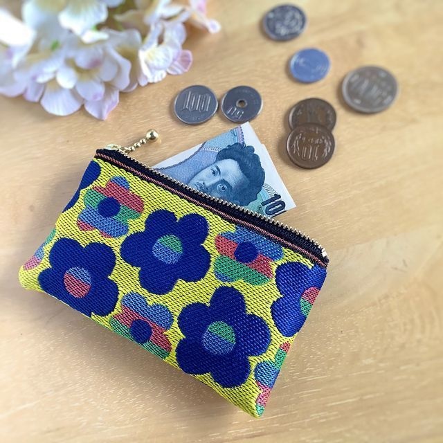 【レトロポップ 花柄】畳縁 ぺたんこ ミニポーチ 小銭入れ カードケース 黄色