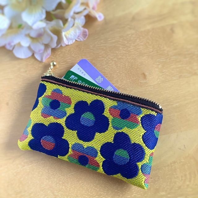 【レトロポップ 花柄】畳縁 ぺたんこ ミニポーチ 小銭入れ カードケース 黄色