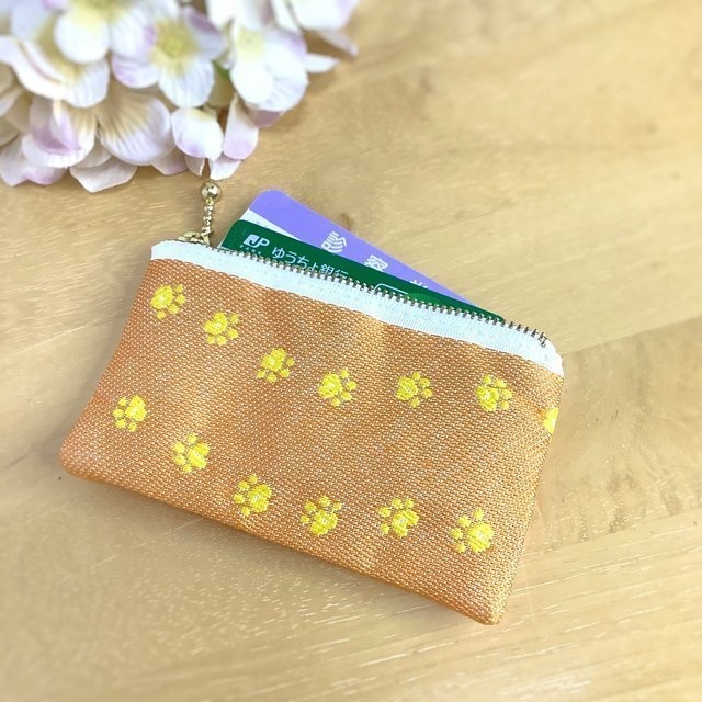 【足あと】畳縁 ぺたんこ ミニポーチ カードケース 小銭入れ みかん色 犬 猫