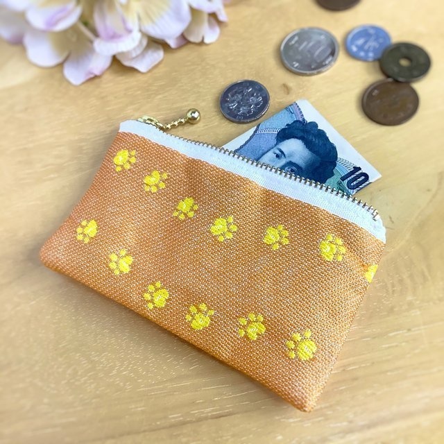 【足あと】畳縁 ぺたんこ ミニポーチ カードケース 小銭入れ みかん色 犬 猫