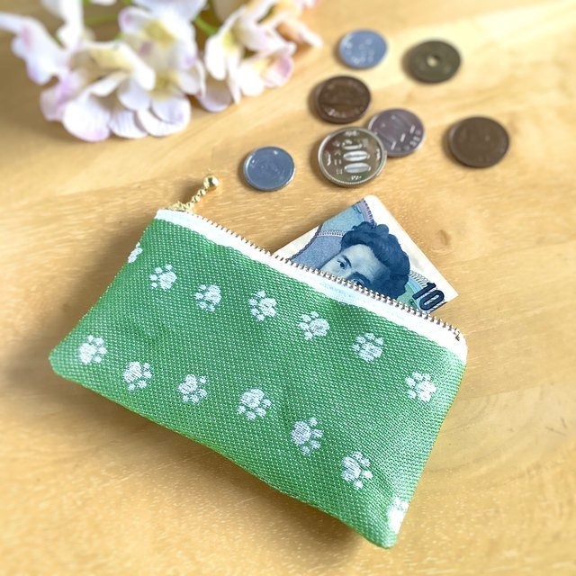 【足あと】畳縁 ぺたんこ ミニポーチ カードケース 小銭入れ メロン色 犬 猫