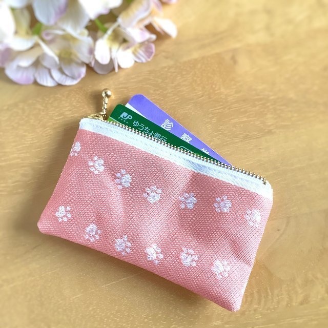 【足あと】畳縁 ぺたんこ ミニポーチ カードケース 小銭入れ もも色 犬 猫