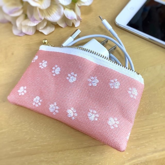 【足あと】畳縁 ぺたんこ ミニポーチ カードケース 小銭入れ もも色 犬 猫