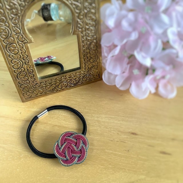 水引製『ボルドー』お花のヘアゴム ワインカラー 赤紫