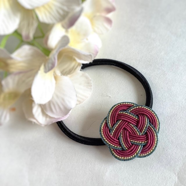 水引製『ボルドー』お花のヘアゴム ワインカラー 赤紫