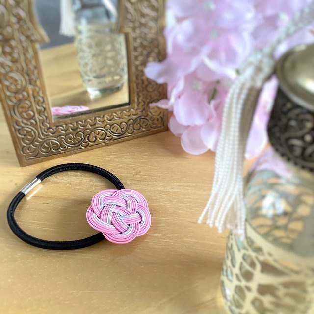 水引製『いちごミルク』お花のヘアゴム ピンク パステルカラー