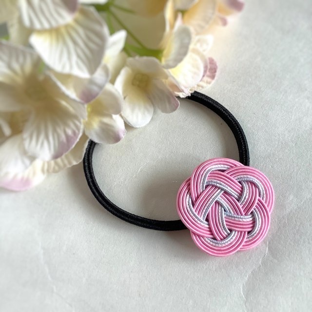 水引製『いちごミルク』お花のヘアゴム ピンク パステルカラー