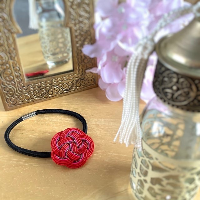 水引製 『ルージュ』 お花のヘアゴム バラ色 紅薔薇