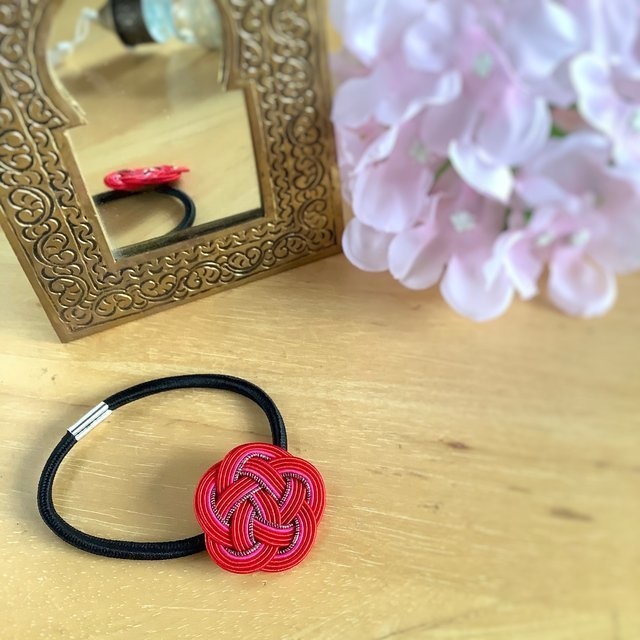 水引製 『ルージュ』 お花のヘアゴム バラ色 紅薔薇