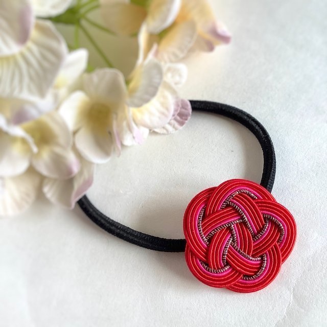 水引製 『ルージュ』 お花のヘアゴム バラ色 紅薔薇