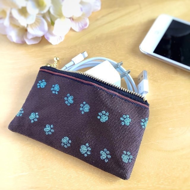 【足あと】畳縁 ぺたんこ ミニポーチ カードケース 小銭入れ チョコミント 犬 猫