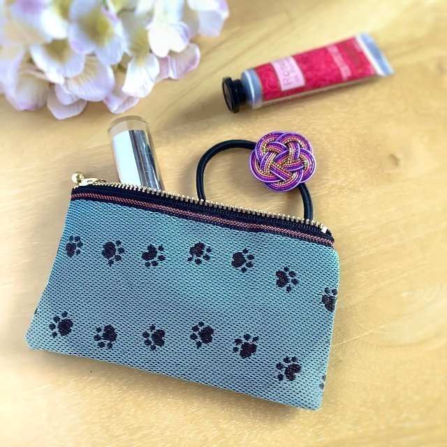 【足あと】畳縁 ぺたんこ ミニポーチ カードケース 小銭入れ ミントチョコ 犬 猫