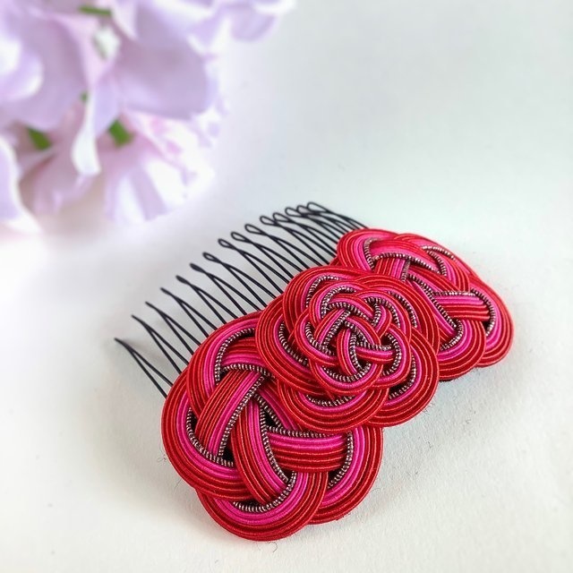 水引 ヘアコーム 【ルージュ】 髪飾り 赤 バラ色 紅薔薇