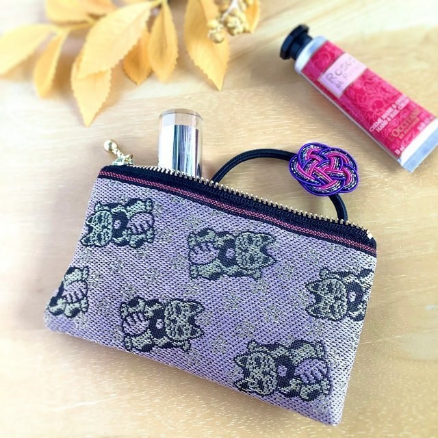 【招き猫】畳縁 ぺたんこ ミニポーチ カードケース 小銭入れ 縁起物 ピンク