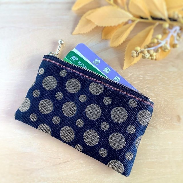 【黒×金 水玉】畳縁 ぺたんこ ミニポーチ カードケース 小銭入れ ドット
