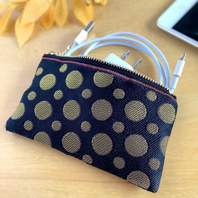 【黒×金 水玉】畳縁 ぺたんこ ミニポーチ カードケース 小銭入れ ドット