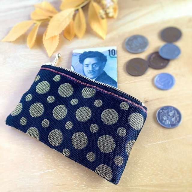【黒×金 水玉】畳縁 ぺたんこ ミニポーチ カードケース 小銭入れ ドット