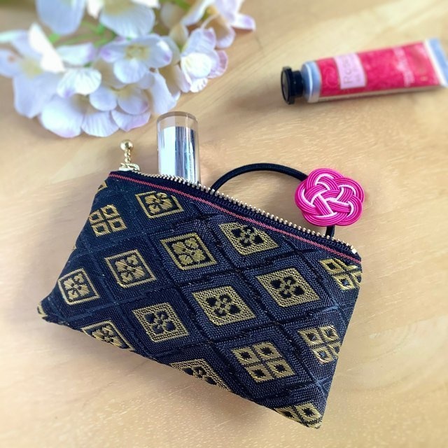 【花菱】畳のヘリ ぺたんこ ミニポーチ カードケース 小銭入れ 黒 吉祥文様ひし形