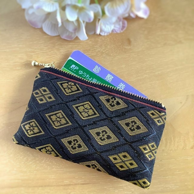 【花菱】畳のヘリ ぺたんこ ミニポーチ カードケース 小銭入れ 黒 吉祥文様ひし形