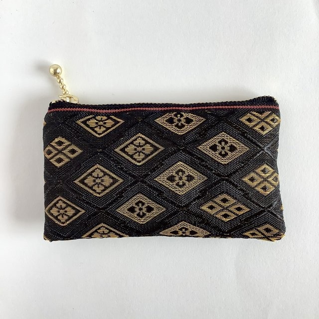 【花菱】畳のヘリ ぺたんこ ミニポーチ カードケース 小銭入れ 黒 吉祥文様ひし形