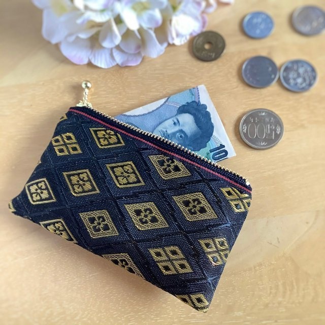 【花菱】畳のヘリ ぺたんこ ミニポーチ カードケース 小銭入れ 黒 吉祥文様ひし形