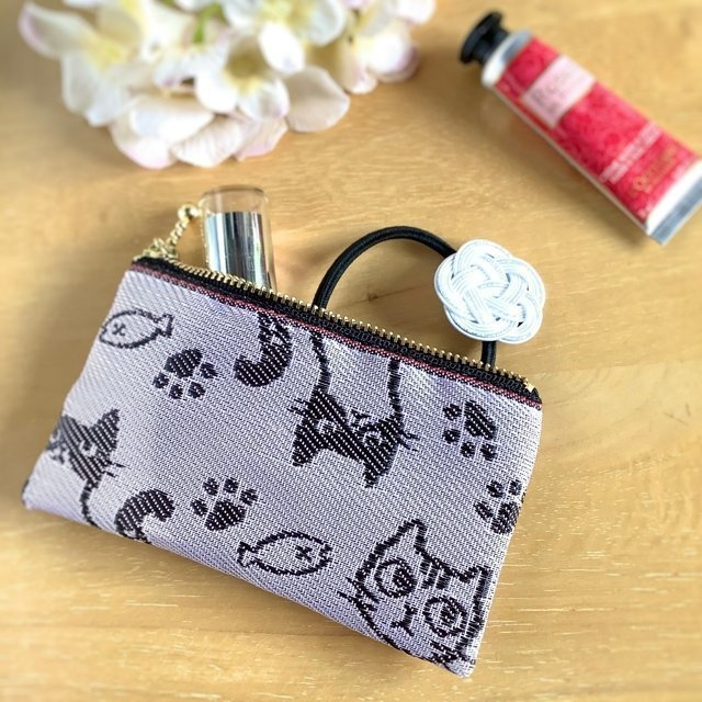 【猫 顔柄】畳縁 ぺたんこ ミニポーチ 小銭入れ カードケース よもぎ 緑