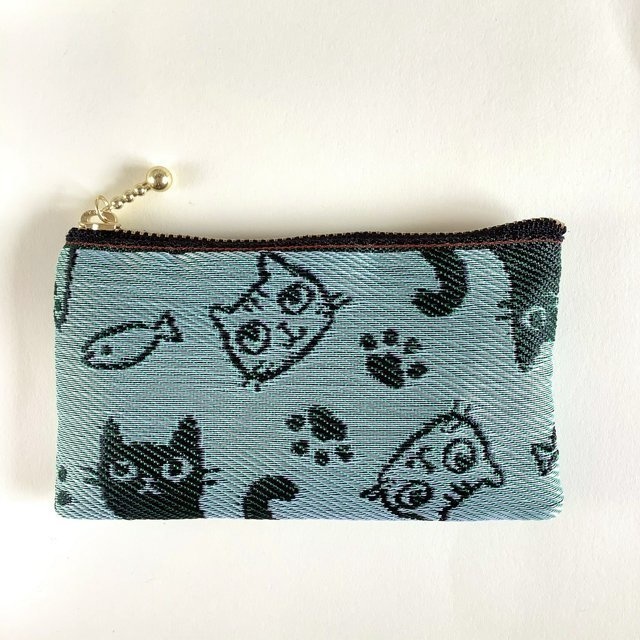 【猫 顔柄】畳縁 ぺたんこ ミニポーチ 小銭入れ カードケース よもぎ 緑