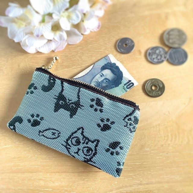 【猫 顔柄】畳縁 ぺたんこ ミニポーチ 小銭入れ カードケース よもぎ 緑
