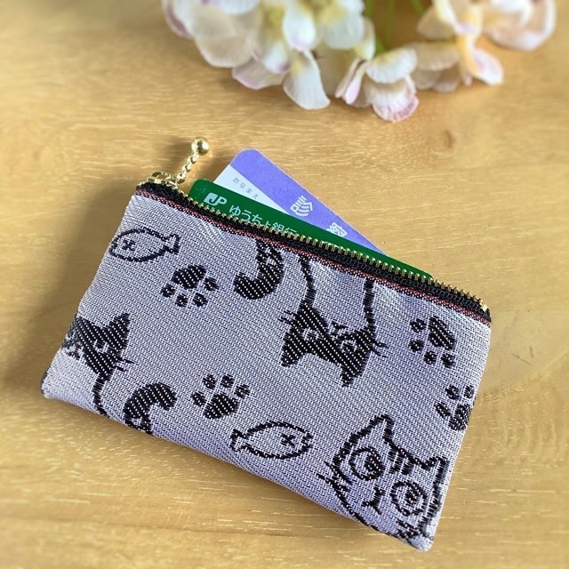 【猫 顔柄】畳縁 ぺたんこ ミニポーチ 灰桜 ピンク カードケース 小銭入れ