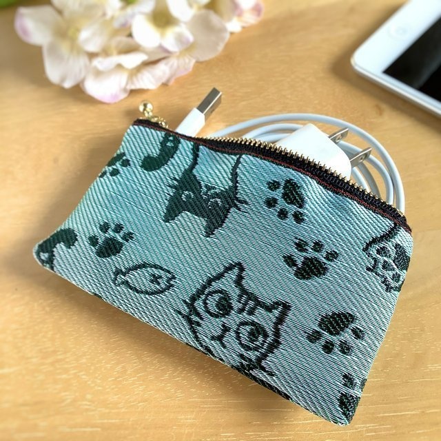 【猫 顔柄】畳縁 ぺたんこ ミニポーチ 灰桜 ピンク カードケース 小銭入れ