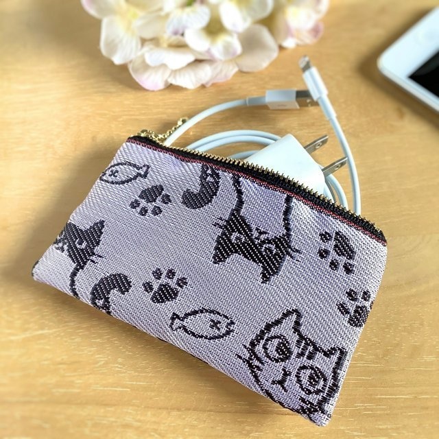 【猫 顔柄】畳縁 ぺたんこ ミニポーチ 灰桜 ピンク カードケース 小銭入れ