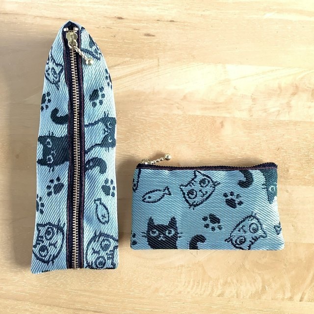 【猫 顔柄】畳縁 テトラ型 ペンケース よもぎ 緑 大人可愛い