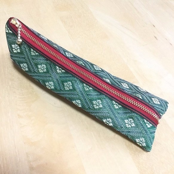 【花菱柄】畳縁 テトラ型 ペンケース 和風 緑