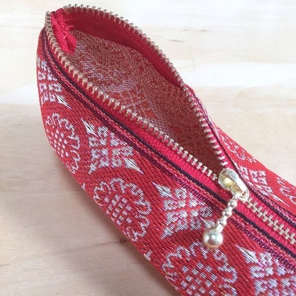 【和柄】畳縁 テトラ型 ペンケース 和風 赤 着物柄