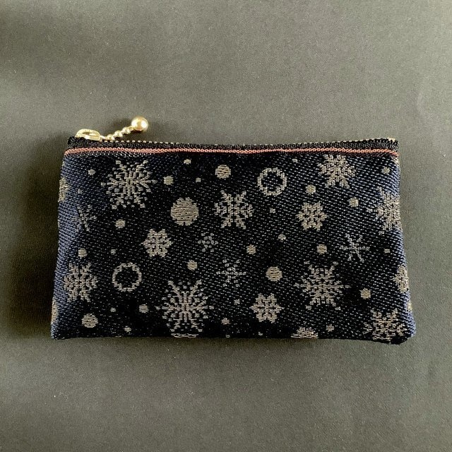 【六華】畳縁 ぺたんこ ミニポーチ カードケース 小銭入れ 紺 雪の結晶 クリスマス