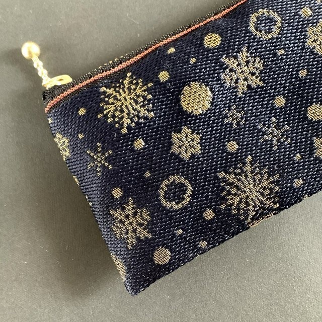 【六華】畳縁 ぺたんこ ミニポーチ カードケース 小銭入れ 紺 雪の結晶 クリスマス