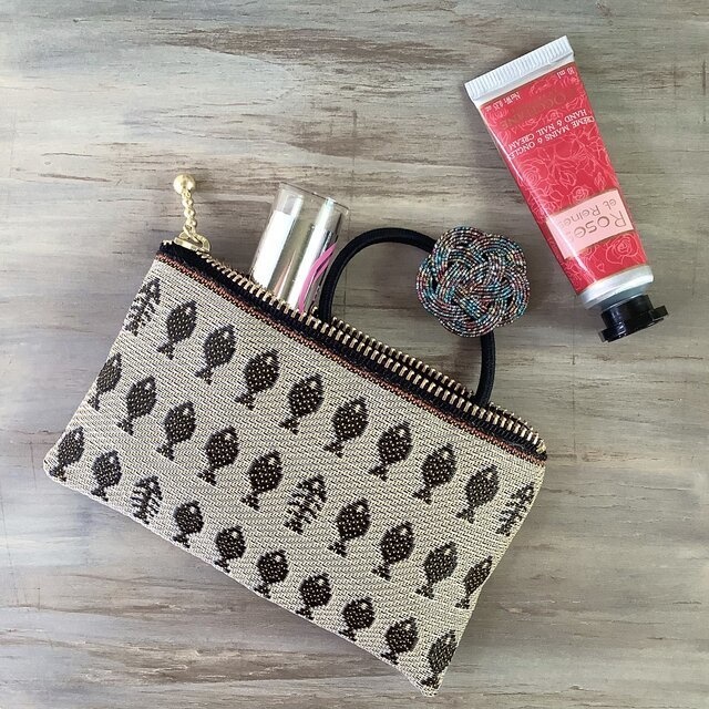 【お魚】畳縁 ぺたんこ ミニポーチ カードケース 小銭入れ さかな 朽葉色