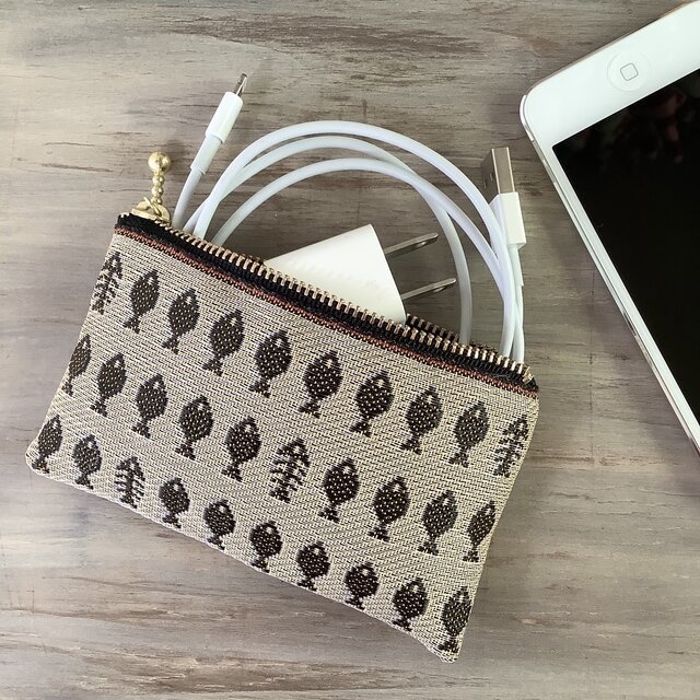 【お魚】畳縁 ぺたんこ ミニポーチ カードケース 小銭入れ さかな 朽葉色