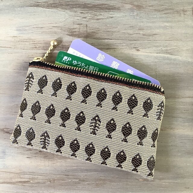 【お魚】畳縁 ぺたんこ ミニポーチ カードケース 小銭入れ さかな 朽葉色