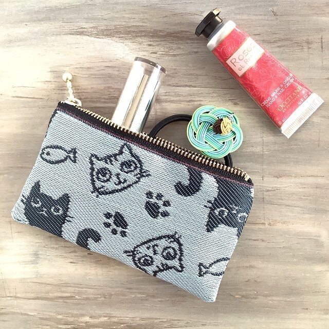 【猫 顔柄】畳縁 ぺたんこ カードケース ミニポーチ 空 水色 小銭入れ