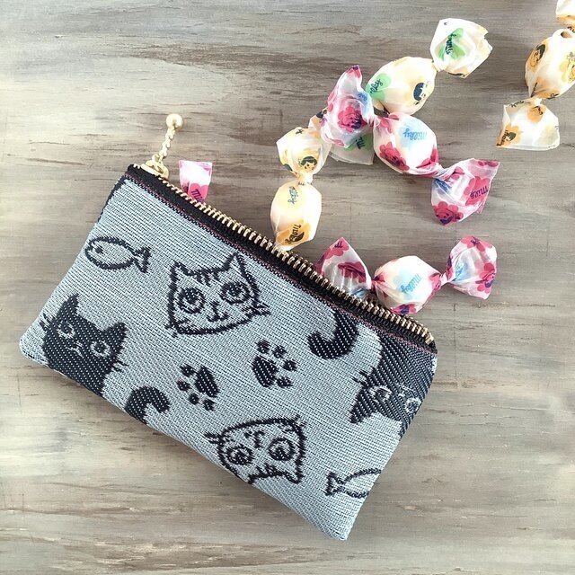 【猫 顔柄】畳縁 ぺたんこ カードケース ミニポーチ 空 水色 小銭入れ