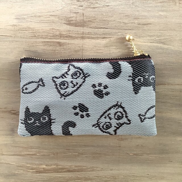 【猫 顔柄】畳縁 ぺたんこ カードケース ミニポーチ 空 水色 小銭入れ