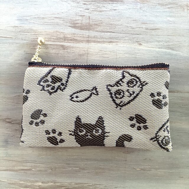 【猫 顔柄】畳縁 ぺたんこ 小銭入れ カードケース ミニポーチ 朽葉色