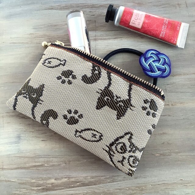 【猫 顔柄】畳縁 ぺたんこ 小銭入れ カードケース ミニポーチ 朽葉色