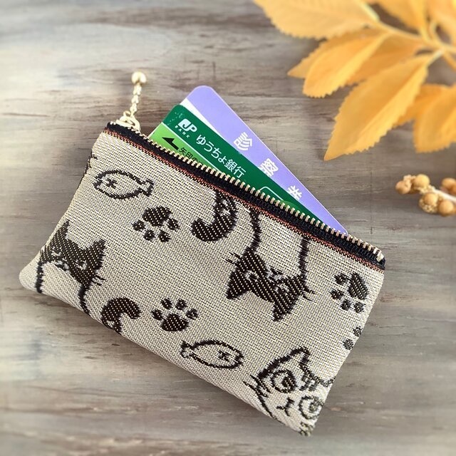 【猫 顔柄】畳縁 ぺたんこ 小銭入れ カードケース ミニポーチ 朽葉色