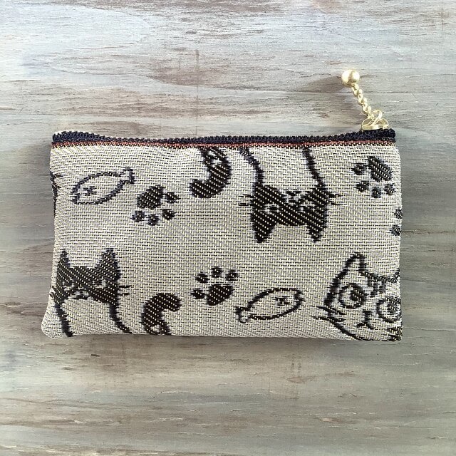 【猫 顔柄】畳縁 ぺたんこ 小銭入れ カードケース ミニポーチ 朽葉色