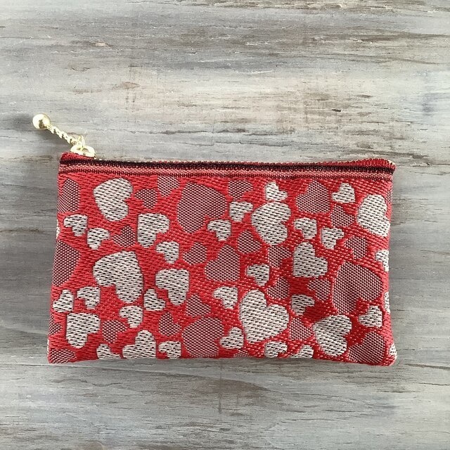 【ハート柄】畳縁 ぺたんこ ミニポーチ 赤 ラブリー カードケース 小銭入れ